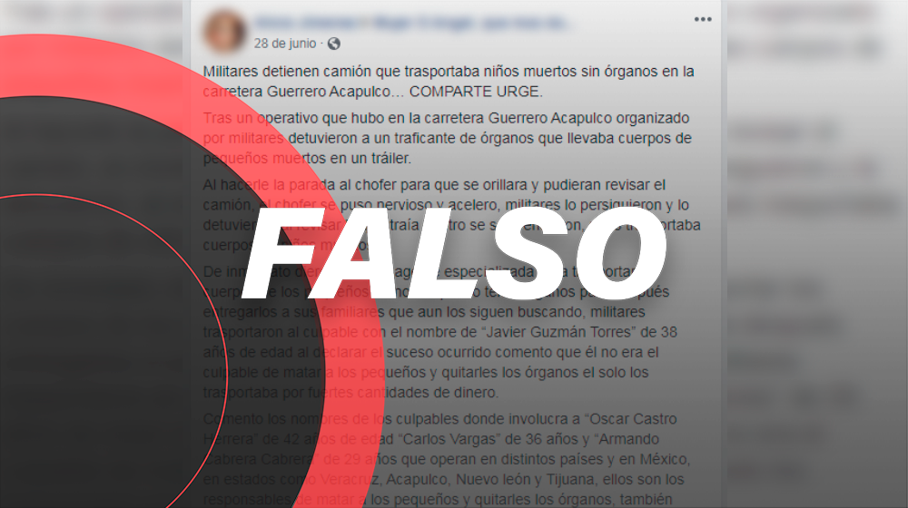 Falso que niños sin órganos fueron encontrados en un camión en Acapulco