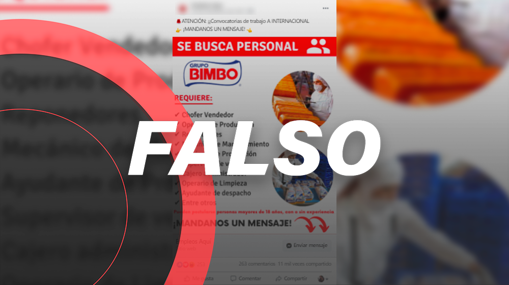 Es falso que la empresa Bimbo difunda ofertas laborales en redes sociales
