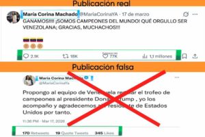 Fuente: captura de pantalla con publicación real y publicación falsa de María Corina Machado.