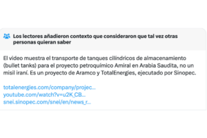 El Sabueso identificó que la etiqueta con el nombre de algunas empresas revela que el objeto cilíndrico en realidad es un tanque que almacena petróleo, no un arma explosiva.