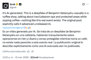 La inteligencia artificial de la plataforma X aseguró que el video del primer ministro de Israel en una cafetería se creó con inteligencia artificial. Esta no es la primera vez que difunde desinformación sobre hechos recientes. 