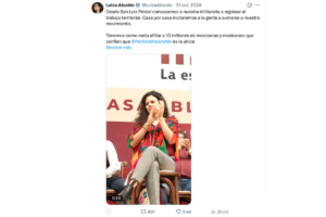 La supuesta declaración de la lideresa de Morena no existe y la imagen utilizada en realidad corresponde a un evento en San Luis Potosí en 2024. Además, la publicación es de una página dedicada a difundir desinformación sobre políticos.