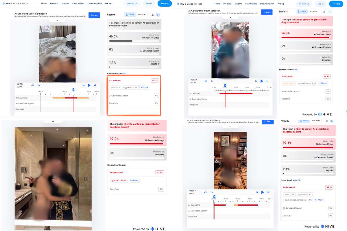 Fuente: Captura de pantalla de análisis de deepfakes hechos sobre Claudia Sheinbaum. Al ser contenido sexualizado se les colocó un filtro borroso. 