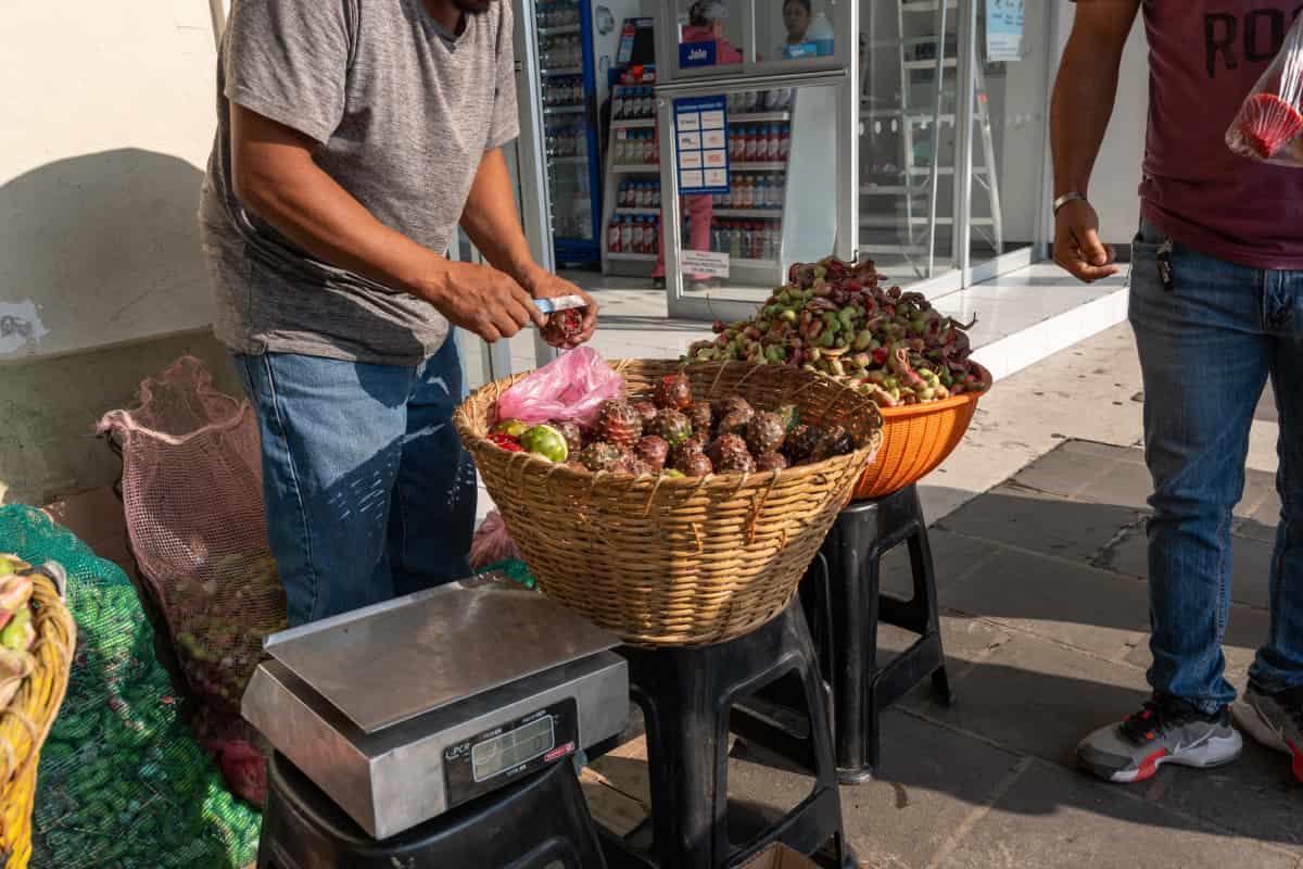 Comerciante con canasto de fruta.
