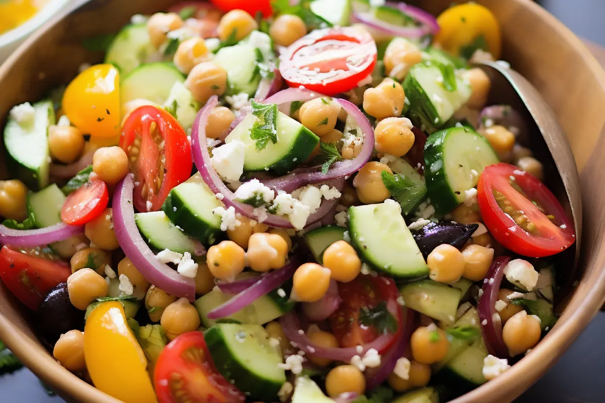 Ensalada de garbanzos presenta tomates vibrantes, cebollas crujientes y garbanzos sustanciosos, todo bellamente dispuesto en un tazón rústico