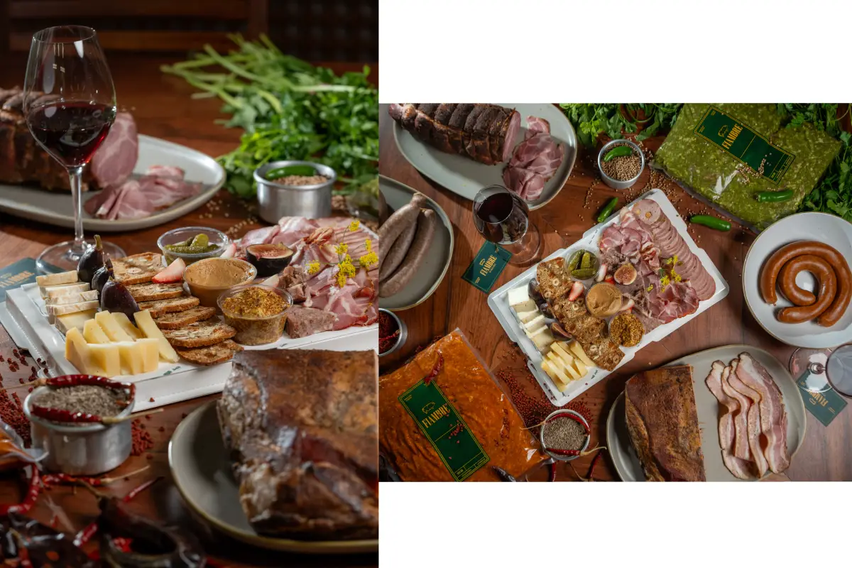 Mesa llena de chorizo, salchichas, chorizo verde y rojo, queso de puerco, tocino, salami, pechuga de pavo