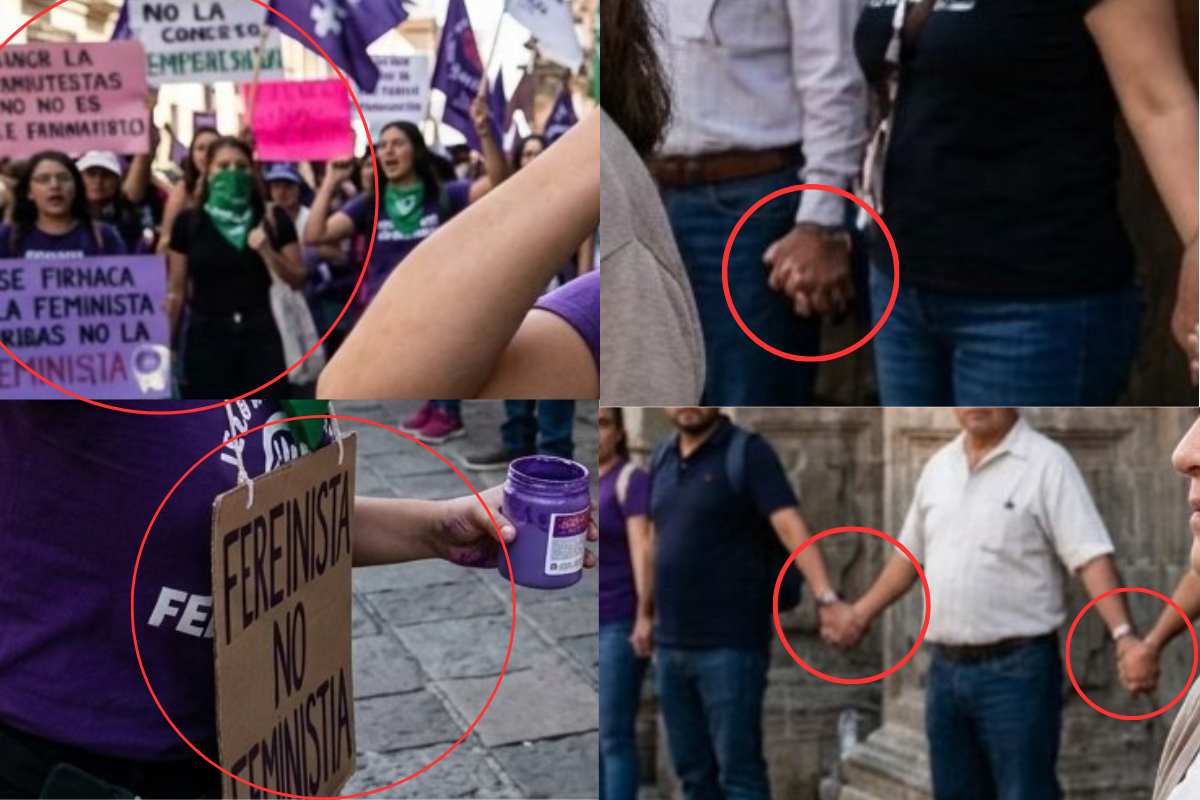 La lámina que muestra a una mujer gritándole a otra enfrente de una iglesia no es de la marcha del 8M, sino que fue generada con inteligencia artificial.