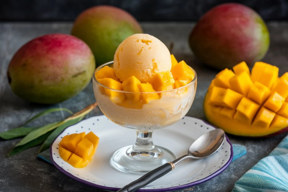 Sorbete refrescante hecho con mangos, que proporciona una delicia suave y afrutada perfecta para los días calurosos.