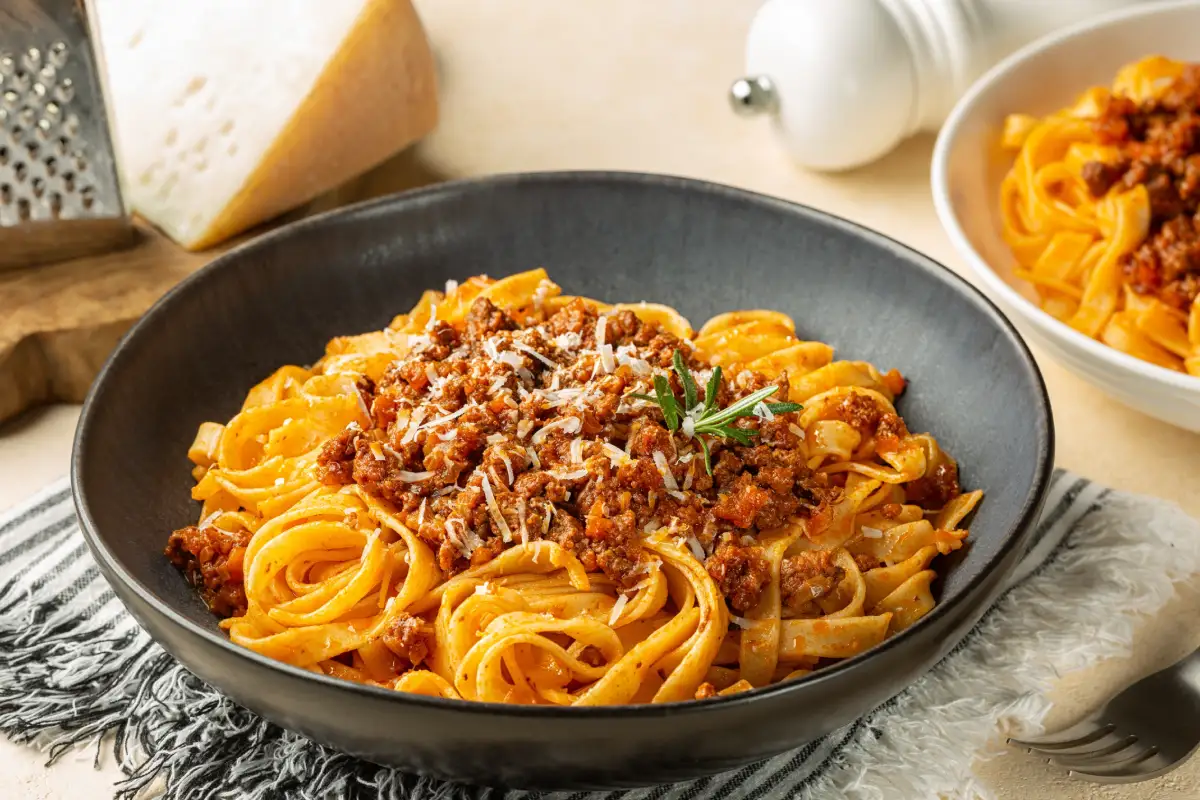 Platos con Tagliatelle al ragu: pasta de huevo larga y plana con salsa de carne o salsa boloñesa y queso parmesano, servida con romero