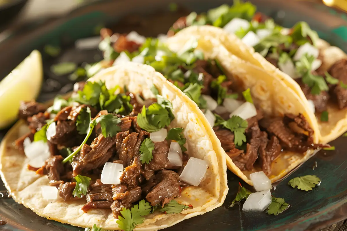 Suculentos tacos de barbacoa de carne con cebollas