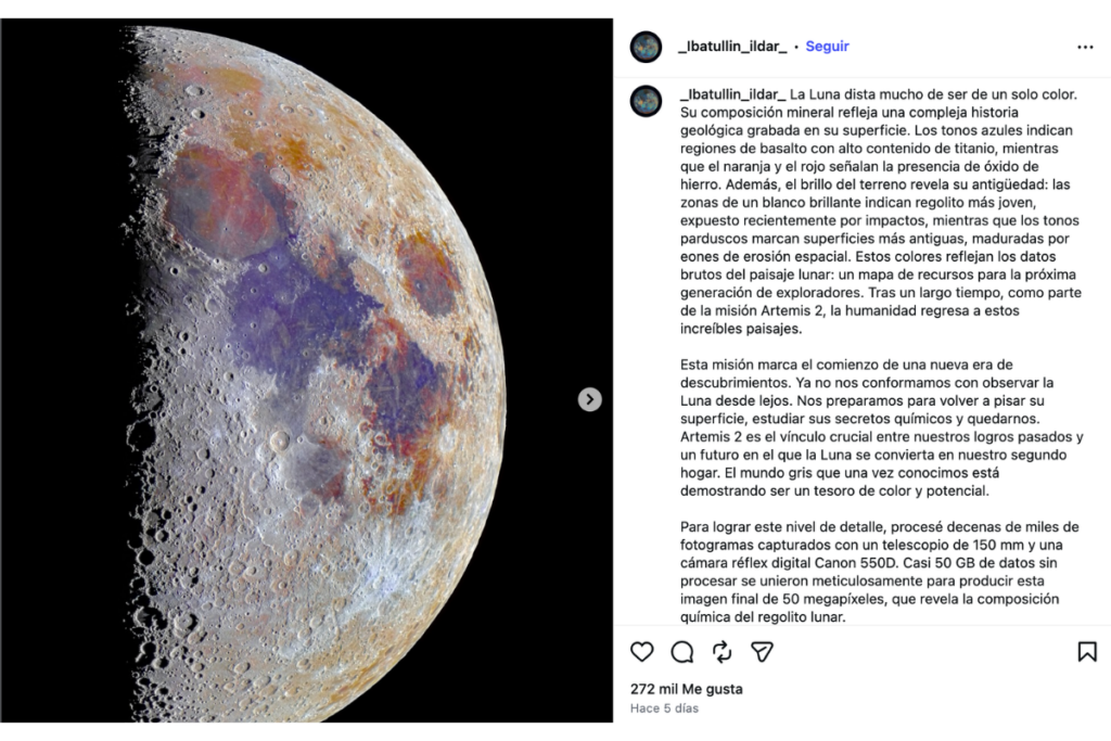  Las imágenes son de la autoría del fotógrafo Ildar Ibatullin, quien en su perfil de Instagram ha explicado que utiliza equipo especial y realiza contrastes para capturar los colores del satélite natural. 
