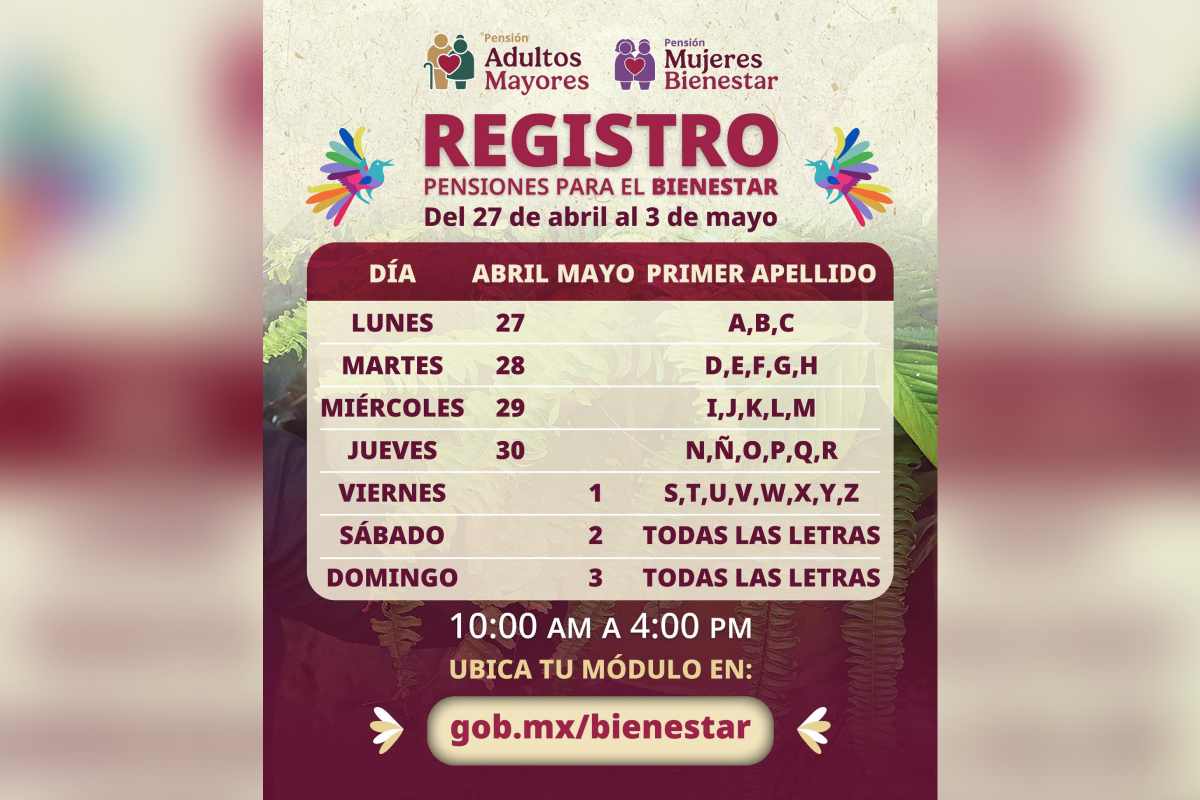 Registro pensiones bienestar calendario