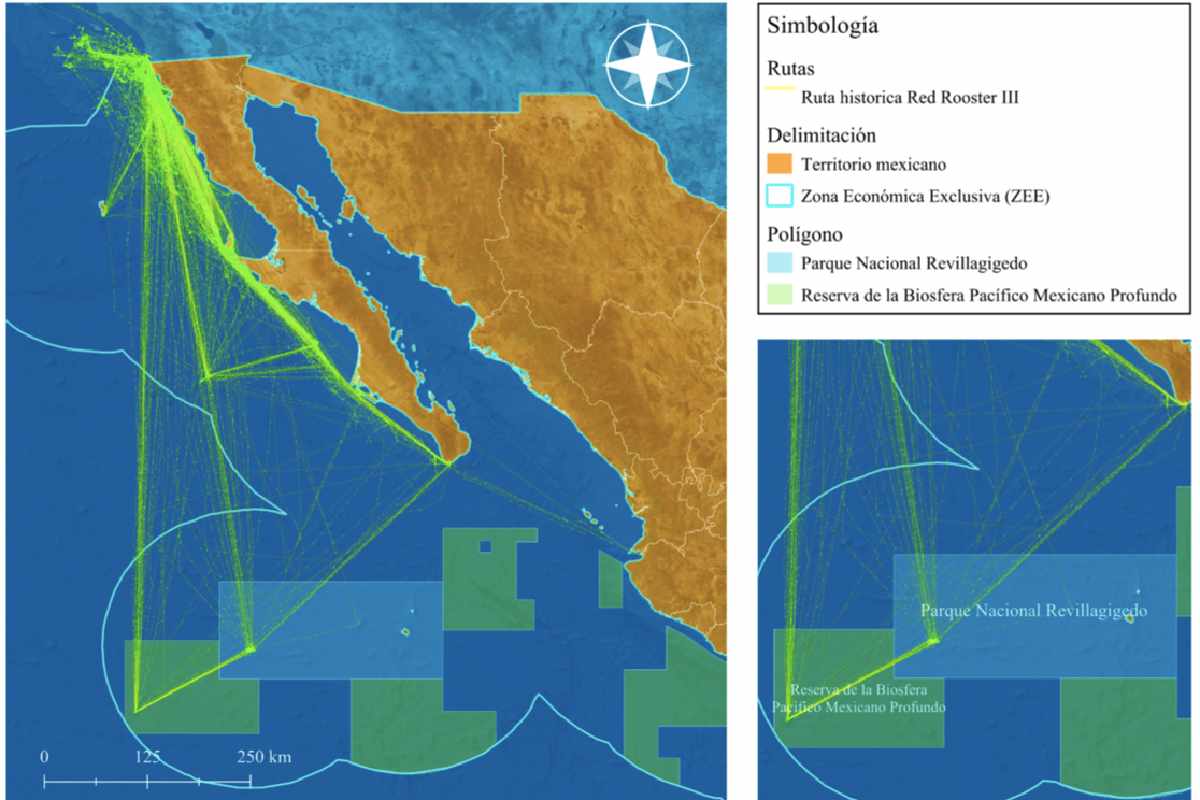 Rutas históricas de la embarcación Red Rooster III desde 2012 hasta 2025