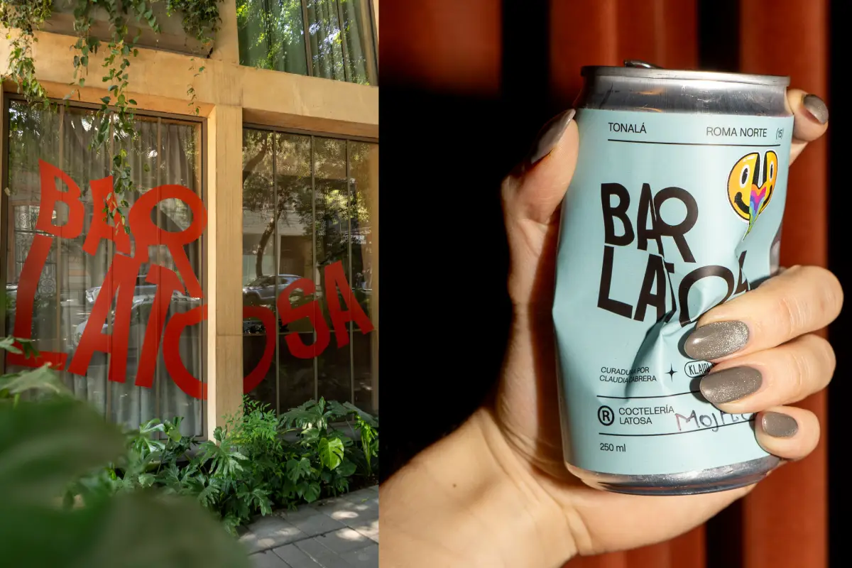 fachada de bar y mano sosteniendo una lata de coctel 