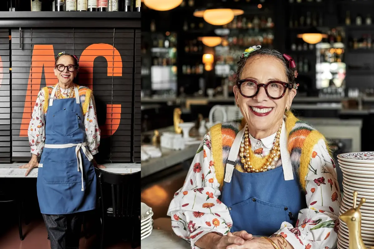 Dos fotos de la chef Nancy Silverton, una de ellas es de cuerpo completo y otras es un acercamiento a su rostro