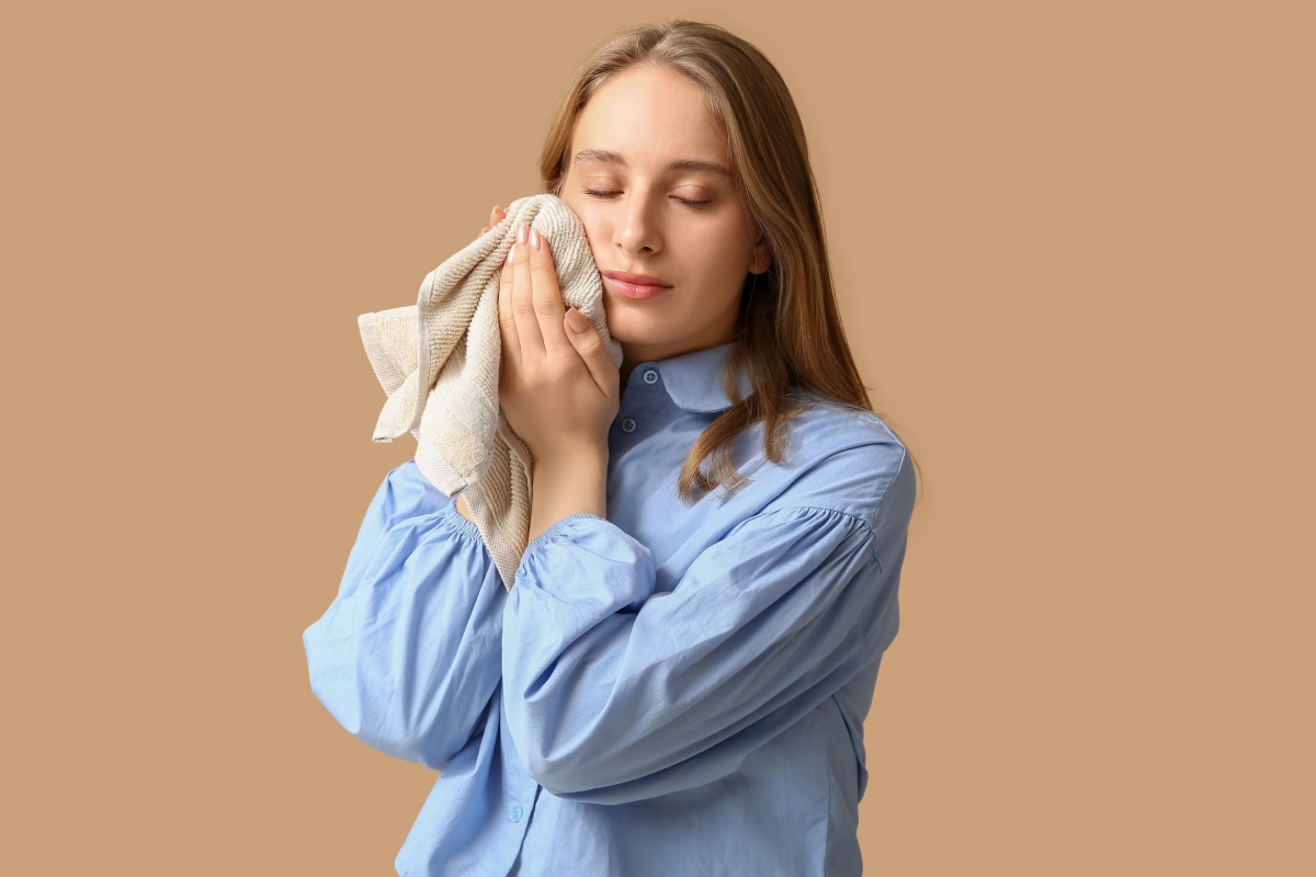 Mujer que sufre del dolor de muelas usa una compresa caliente echa con un trapo en el fondo marrón