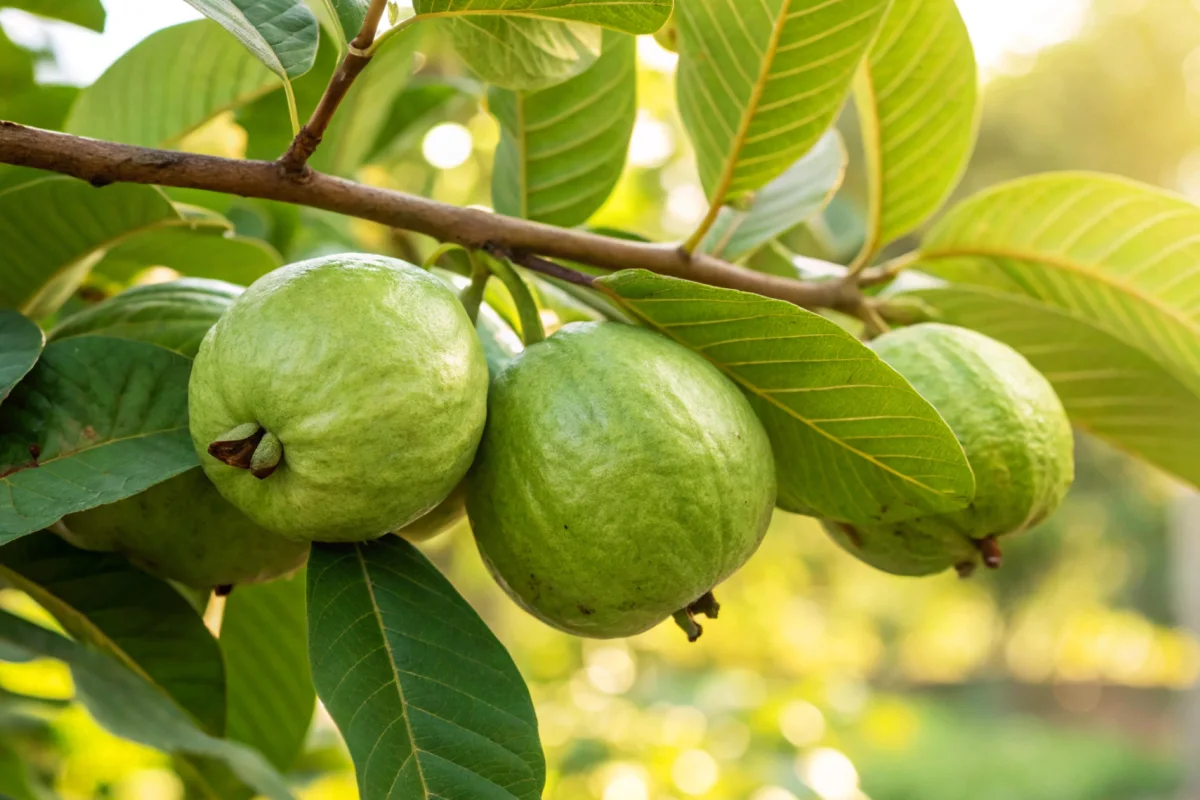 Un primer plano de guayaba fresca colgando de árboles en un día soleado natural con fondo de luz solar cálida