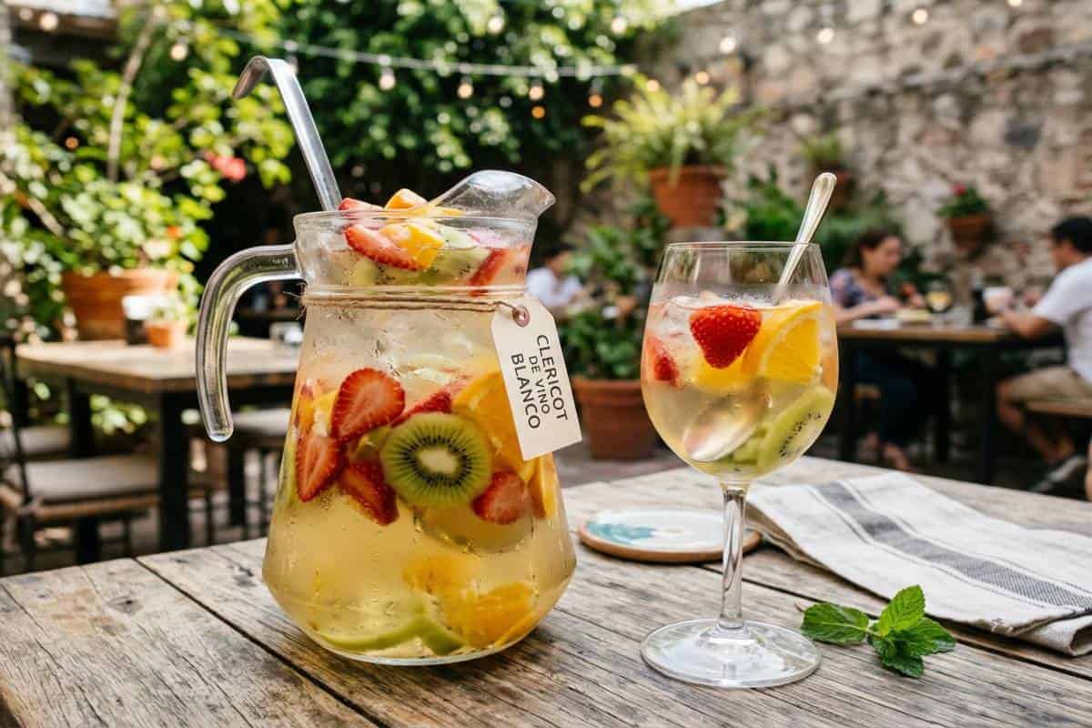 jarra de clericot blanco con frutas servido en una copa de vino