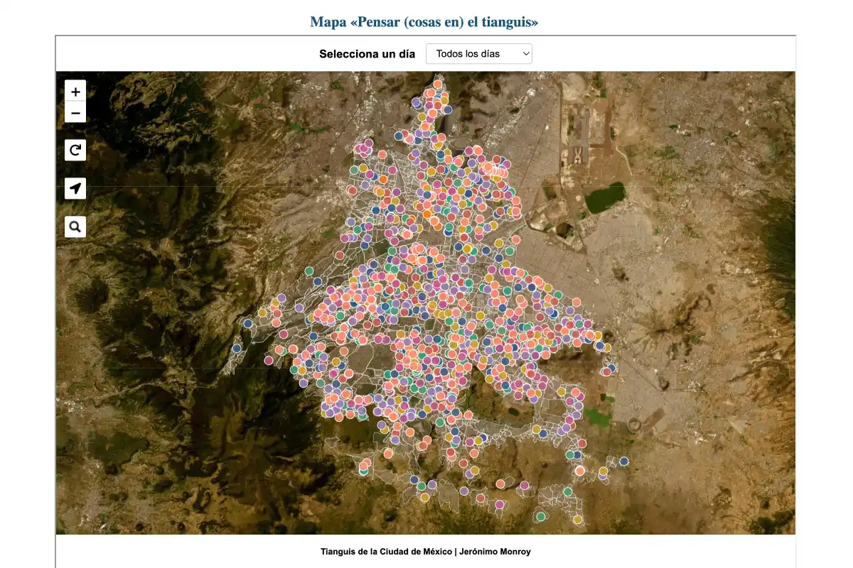 Mapa de la Ciudad de México con puntos de diferentes colores que indican los tianguis que hay en la capital.