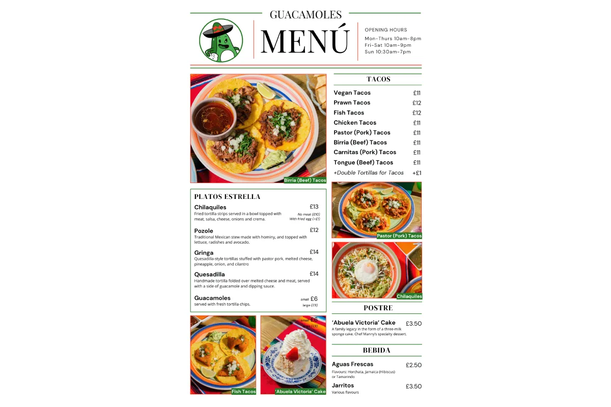 Menú de alimentos de una taquería, hay imagenes de tacos