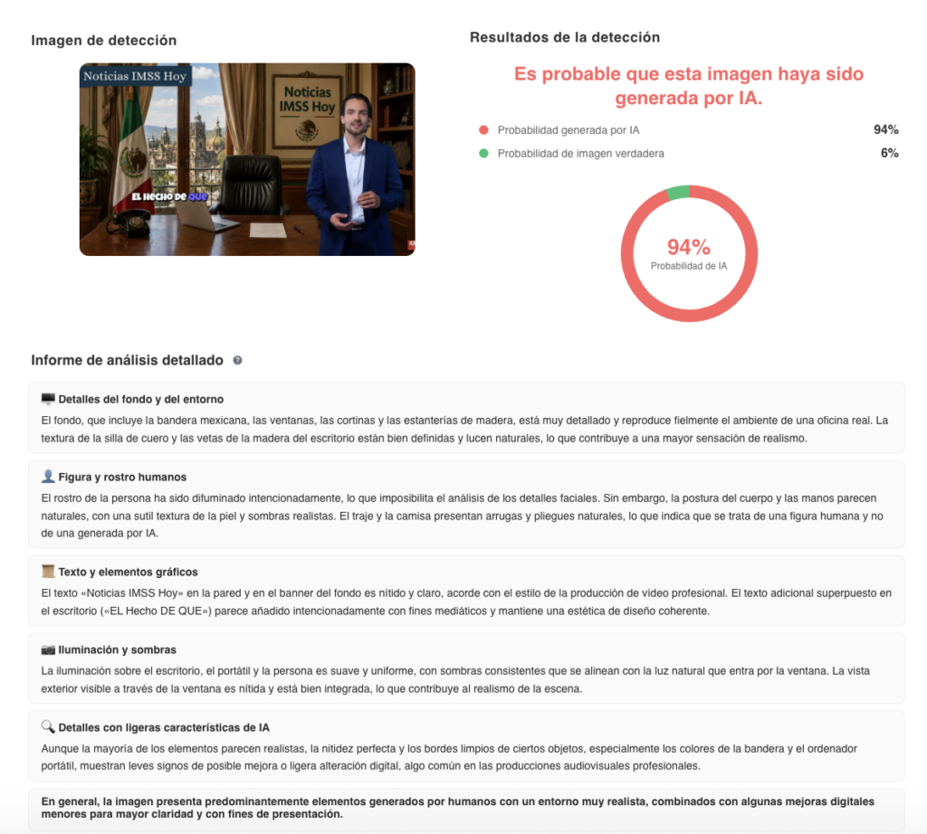 Fuente: captura de pantalla del uso de la herramienta de detección de IA