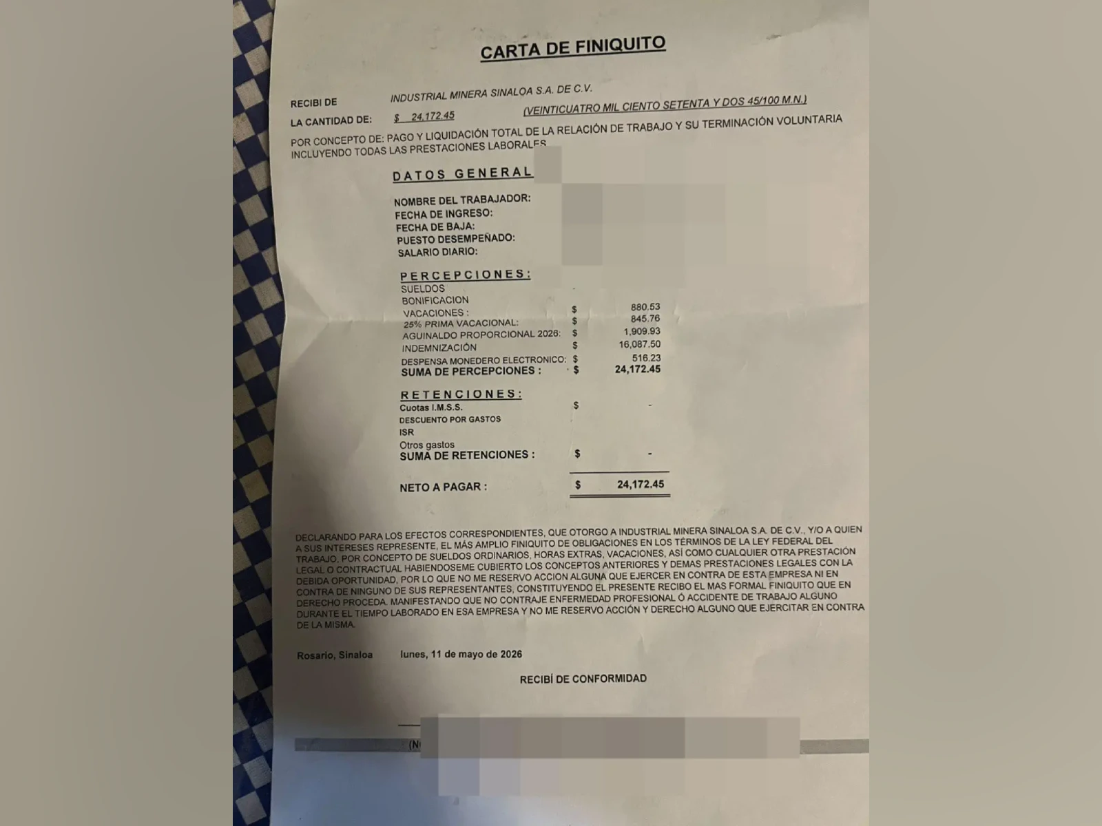Carta finiquito entrega a los mineros despedidos