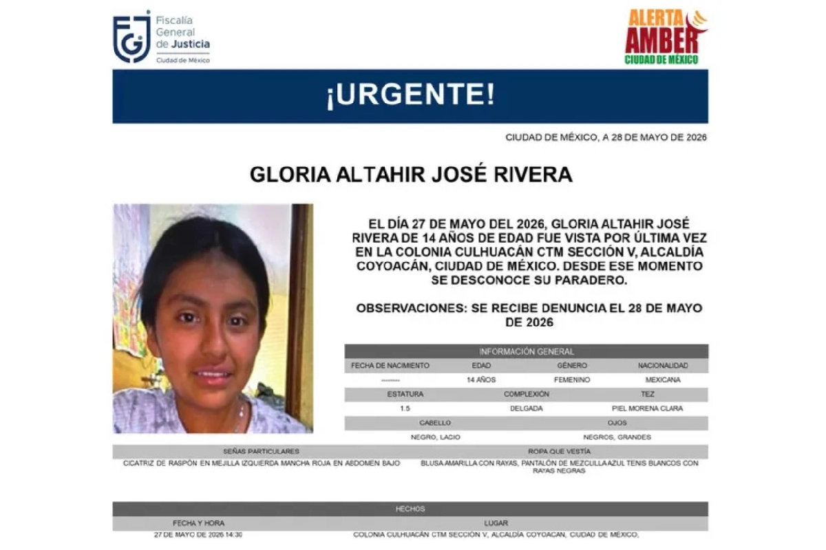 Reportan la desaparición de Gloria Altahir José Rivera, de 14 años, en colonia Culhuacán, Coyoacán