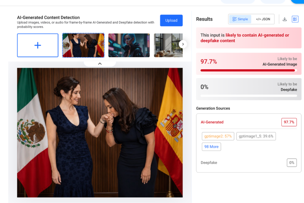  En la fotografía original, ambas mandatarias aparecen una al lado de la otra. Además, la imagen desinformante presenta inconsistencias visuales comunes en contenidos generados con inteligencia artificial.