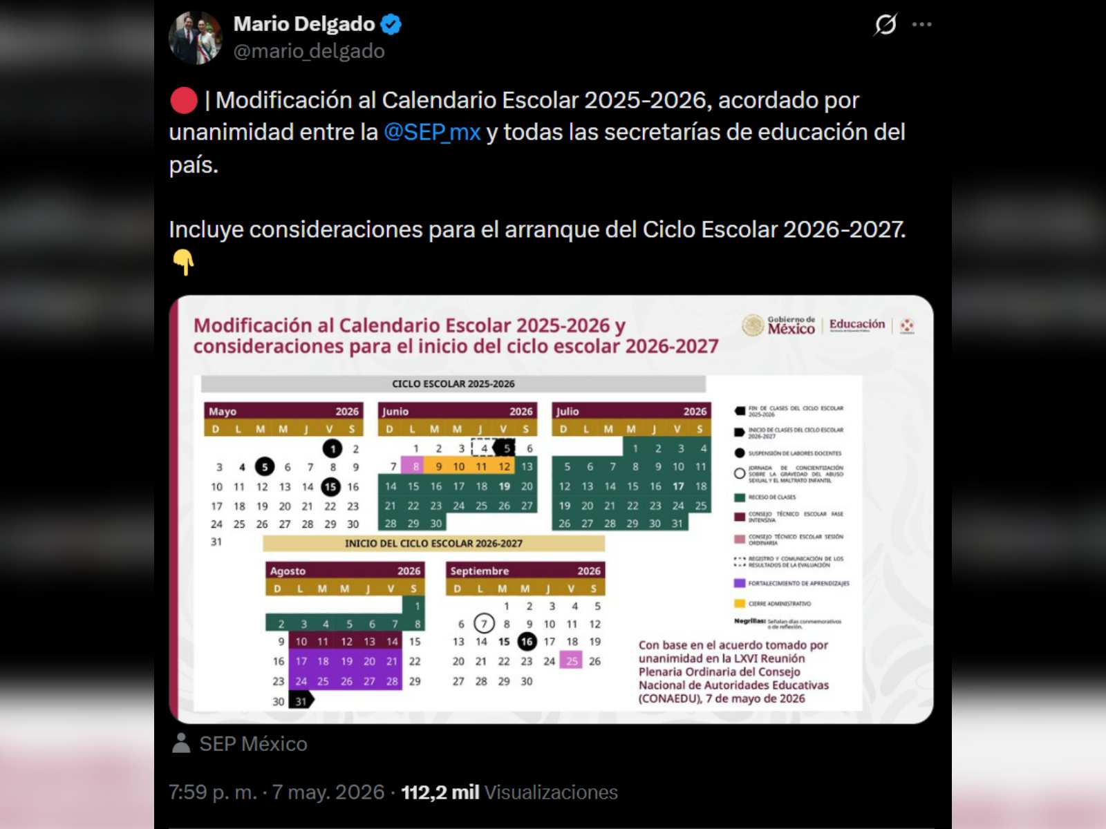 Publicación en X de Mario Delgadao informando sobre el nuevo calendario escolar por le munidal 2026