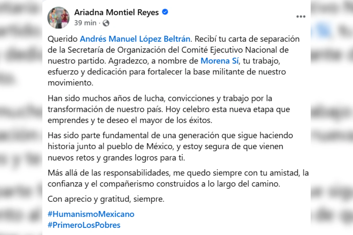 Respuesta Ariadna Montiel Andrés Manuel López Beltran carta Morena