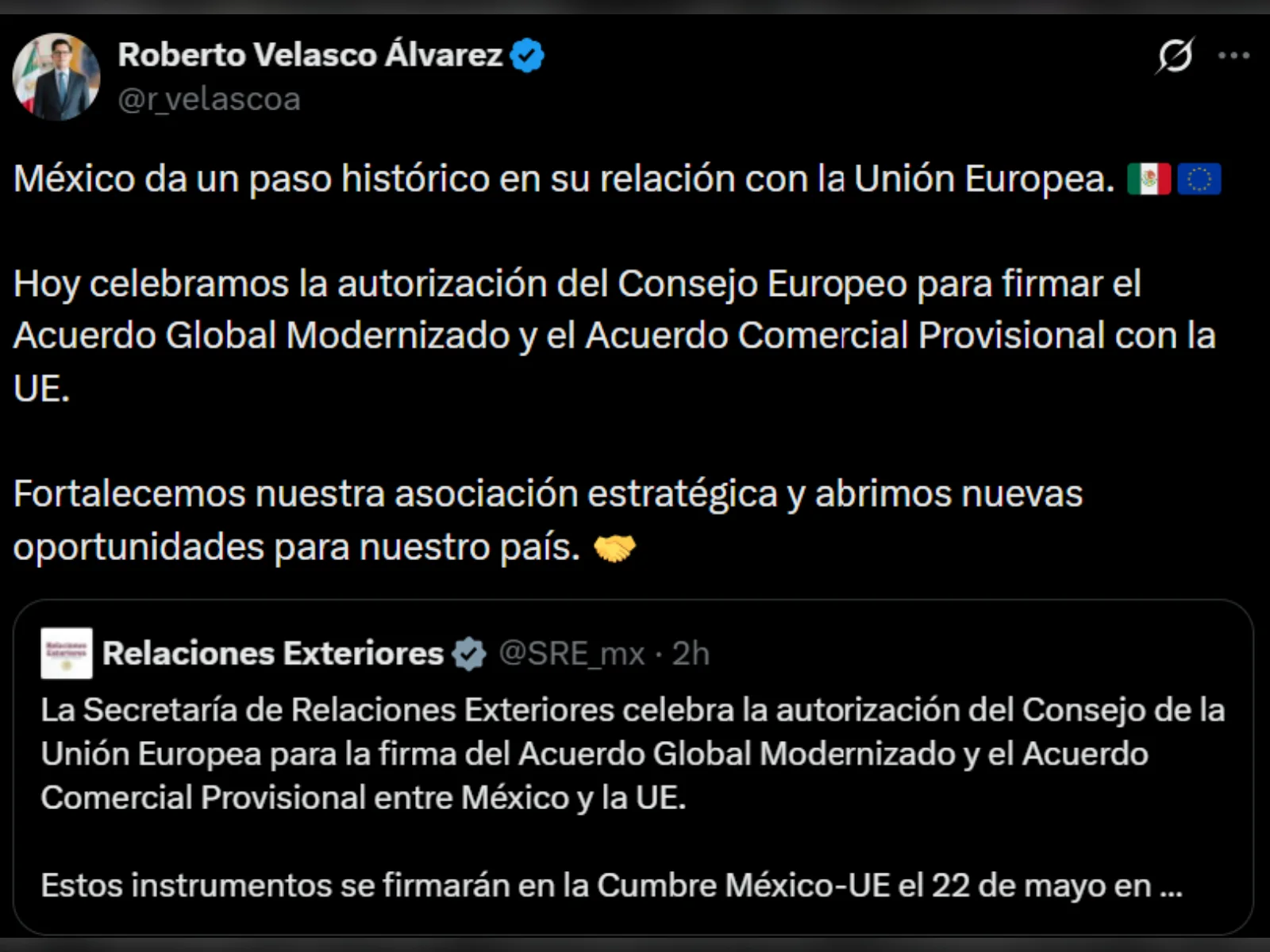 Publicación del SRE sobre la autorización de la UE para firmar el acuerdo con México 