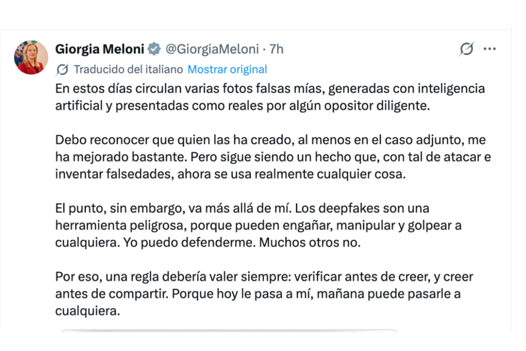 No existe registro de que la primera ministra de Italia mostró su apoyo a Palestina en la Asamblea de la ONU. Los videos fueron generados con inteligencia artificial y la funcionaria exhortó a verificar la información antes de compartirla.