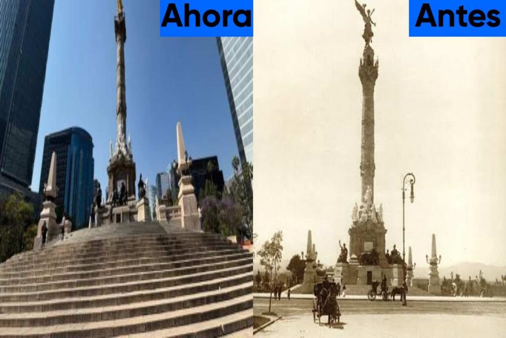 Imágenes del Ángel de la Independencia de cómo luce ahora y como era antes.