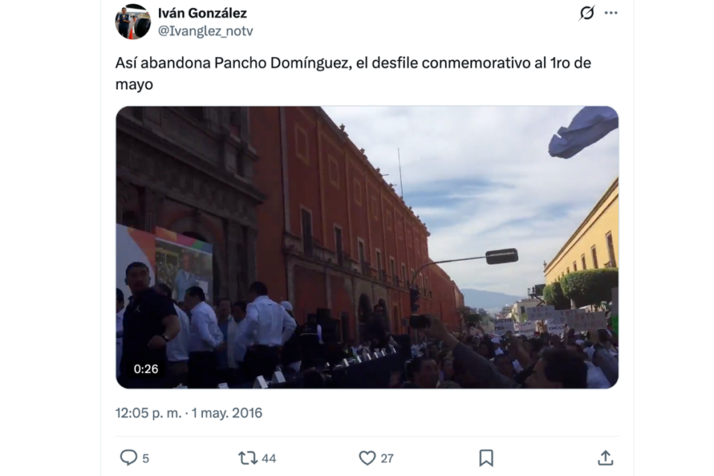El material en realidad muestra una manifestación durante la conmemoración del día del trabajo, donde fueron abucheados el entonces gobernador panista, Francisco Domínguez Servién, y su gabinete.  