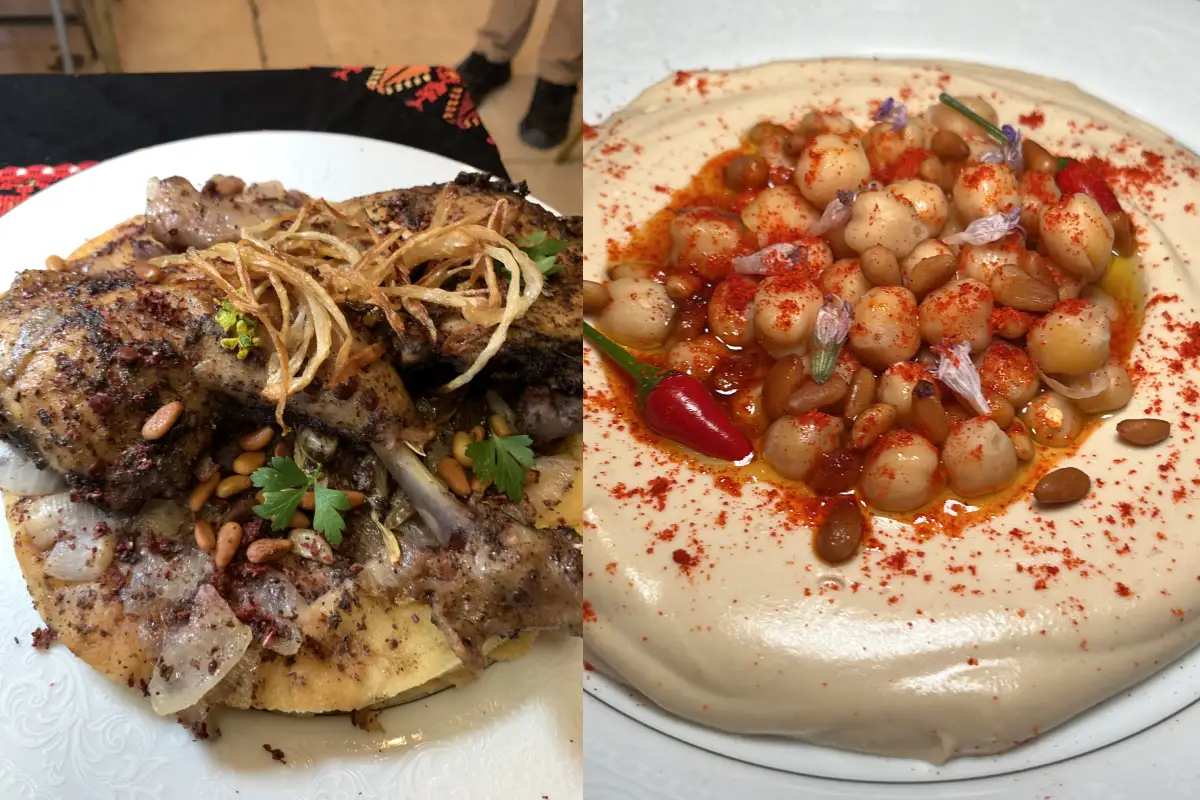 Platos con comida de Palestina como hummus y Musakhan de Pollo 