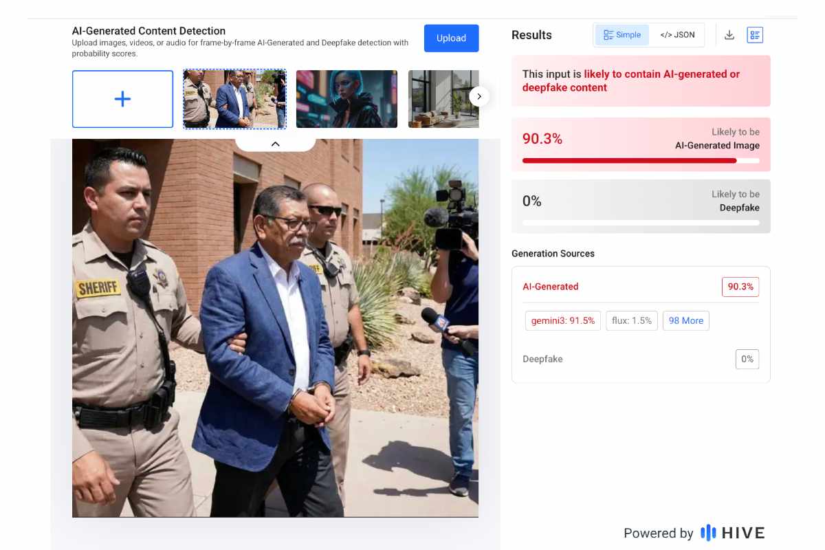 Aunque el Gabinete de Seguridad sí confirmó que Gerardo Mérida Sánchez está bajo custodia de las autoridades de Estados Unidos, la imagen que circula en redes sociales sobre su detención fue generada con inteligencia artificial. 