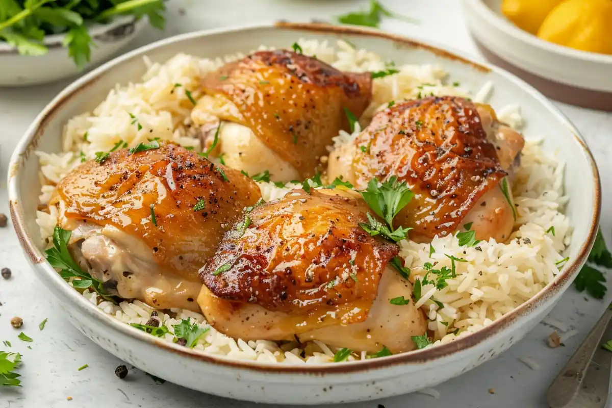 Muslos de pollo sobre una capa de arroz blanco