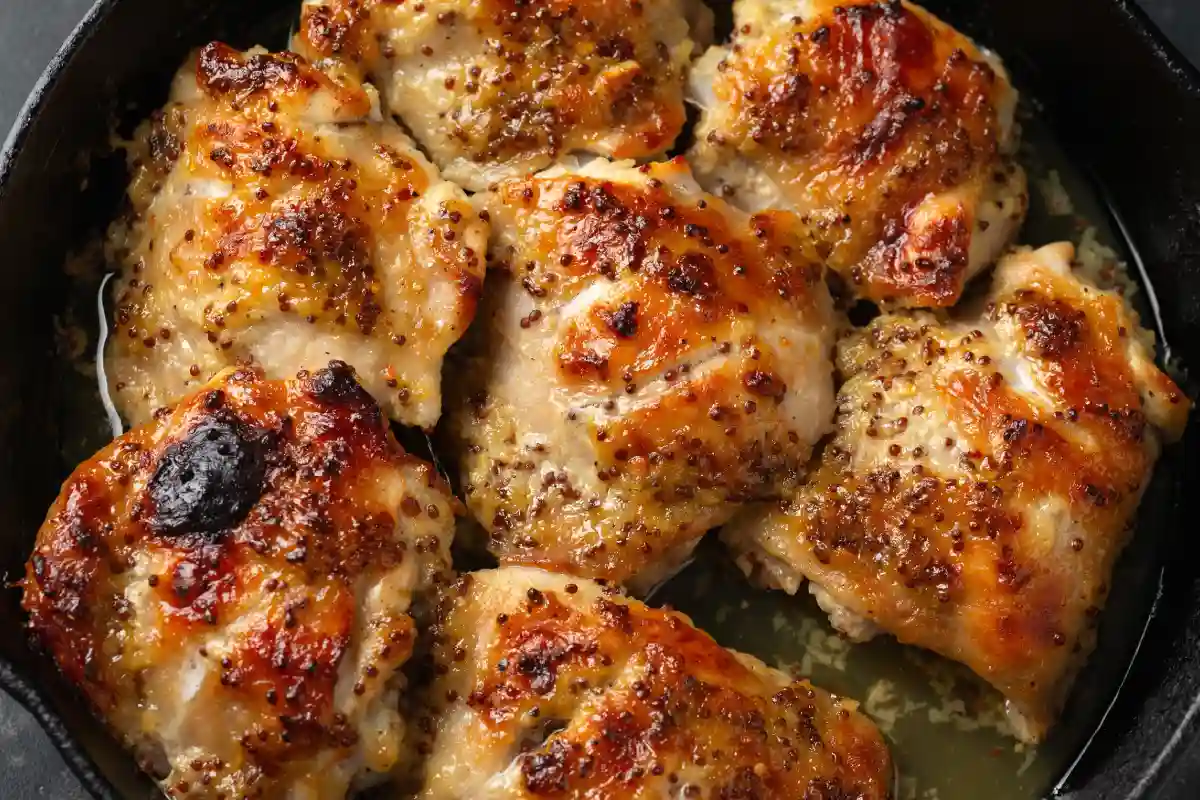 Muslos de pollo asados en una sartén