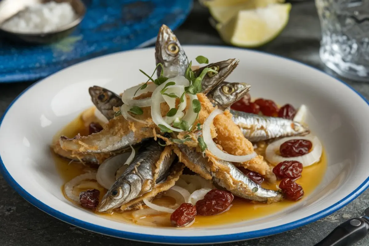 Sobre un plato están servidas sardinas con cebollas, vinagre, pasas y piñone