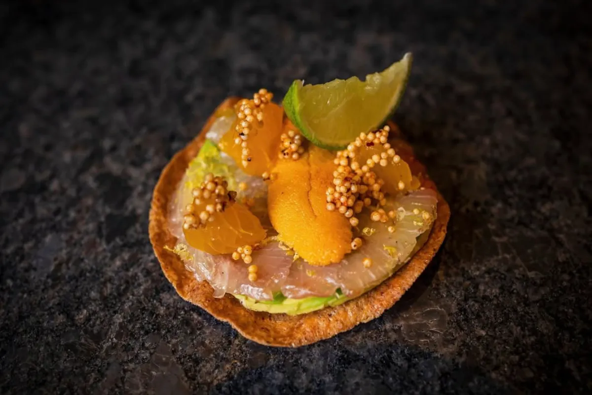 Sobre un fondo negro está servida una tostada 