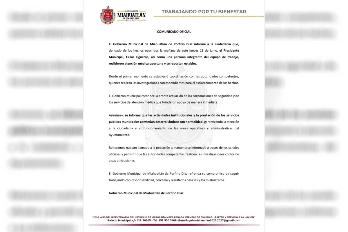 Atacan a balazos al alcalde de Miahuatlán, Oaxaca; él y un integrante de su equipo resultan heridos