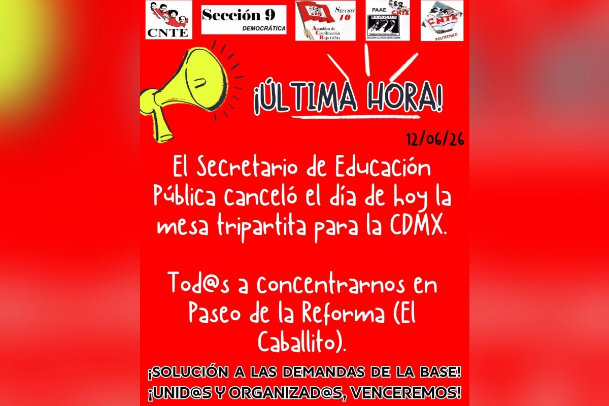 Cartel publicado en redes donde se anuncia la cancelación de la reunión, tiene fondo rojo y letras blancas, así como los logos de diversas secciónes. 