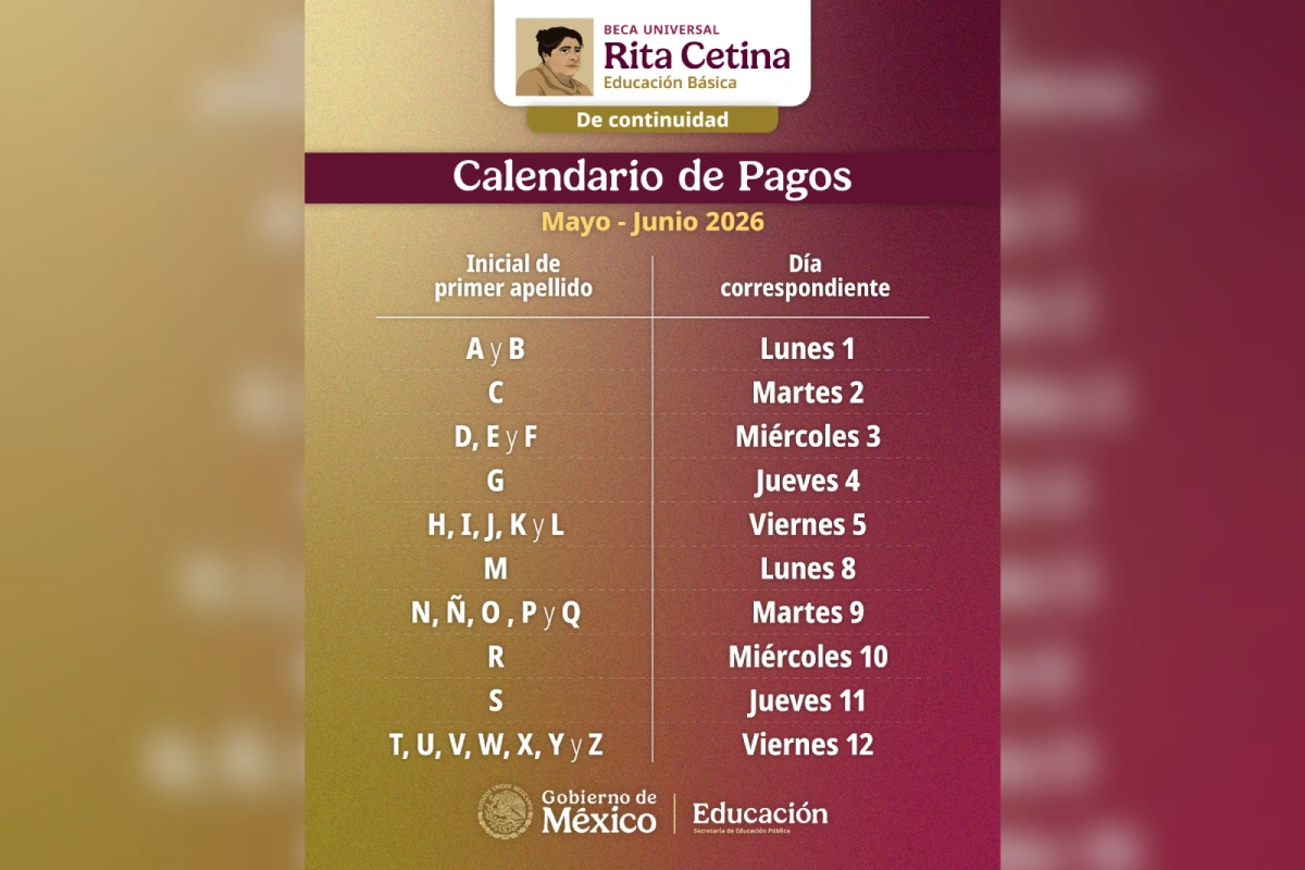 Calendario oficial de pagos de la beca rita cetina de mayo y junio de 2026