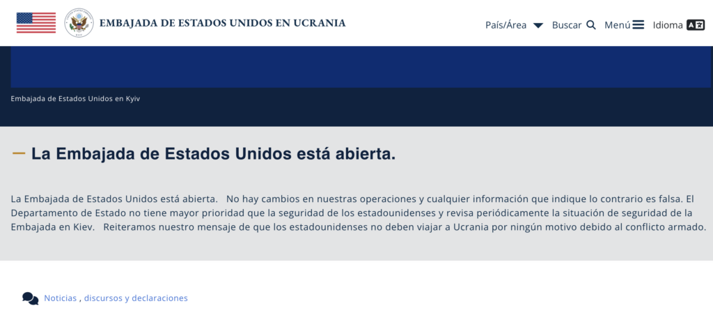 Fuente: captura de pantalla del sitio web de la Embajada de Estados Unidos en Ucrania