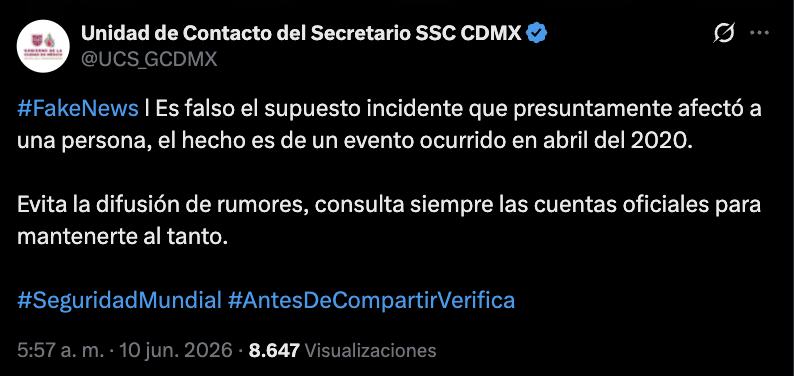 Fuente: Captura de pantalla de la publicación de la Unidad de Contacto del Secretario SSC CDMX.