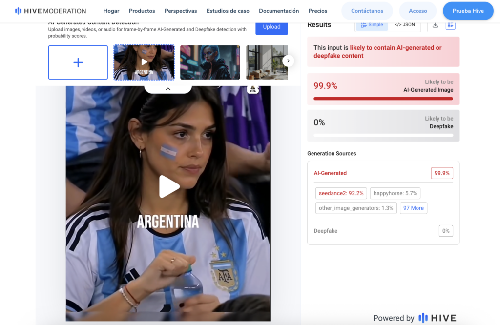 Fuente: captura de pantalla del uso de Hive Moderation. 