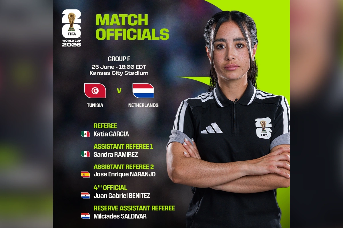 Publicación de la FIFA con una foto Katia Itrzel y la lista de árbitrso y árbitras que oficiarán el partido