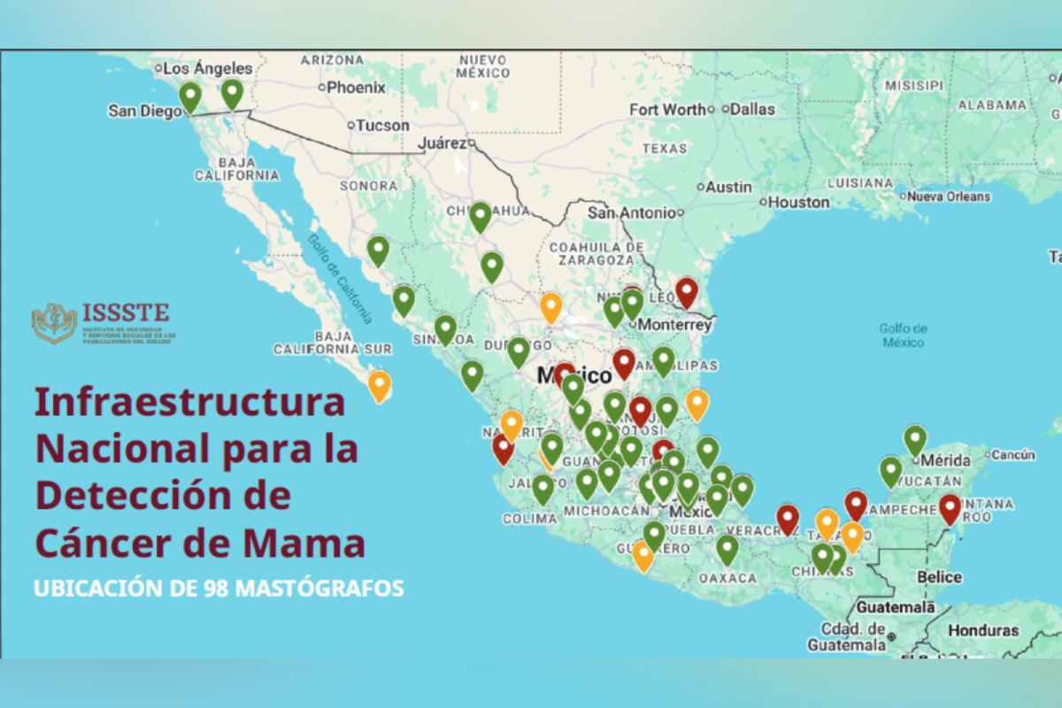 Mapa con unidades del ISSSTE que cuentan con mastógrafo
