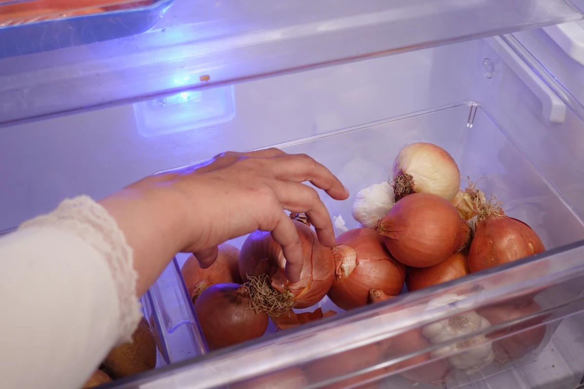 cebolla y ajo organizada en el refrigerador 