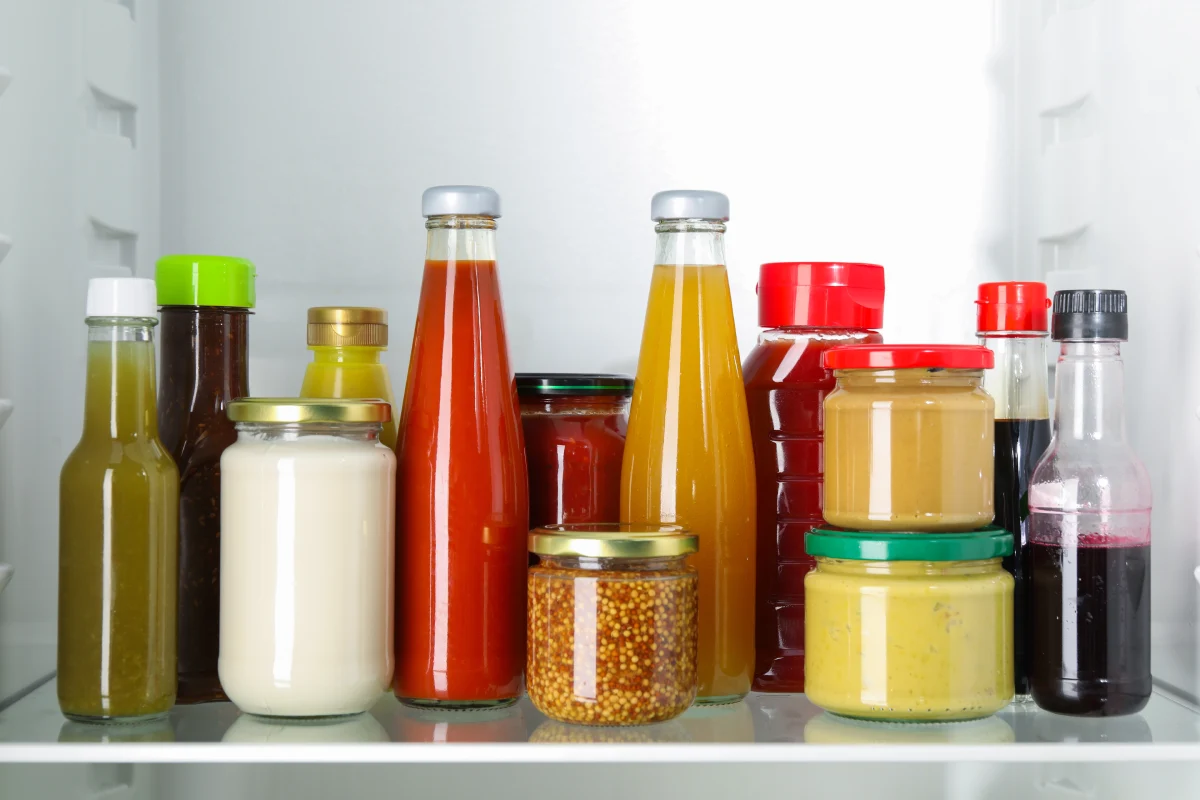 Frascos de vidrio con aderezos, salsas al interior del refrigerador